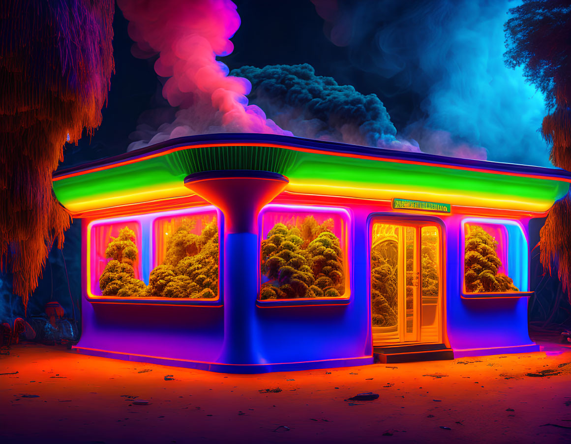 Neon-lit futuristic diner in vibrant pink, green, and blue hues
