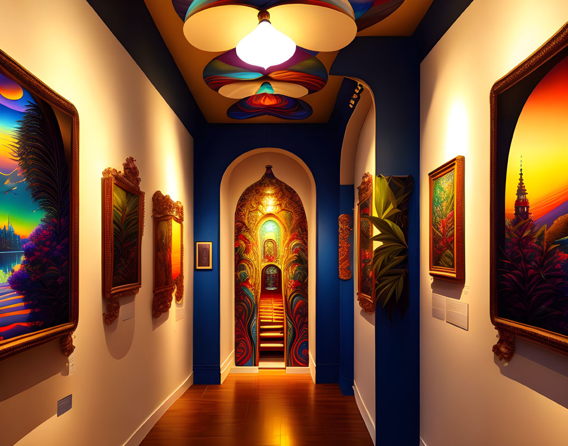 Colorful illuminated paintings in vibrant art gallery interior