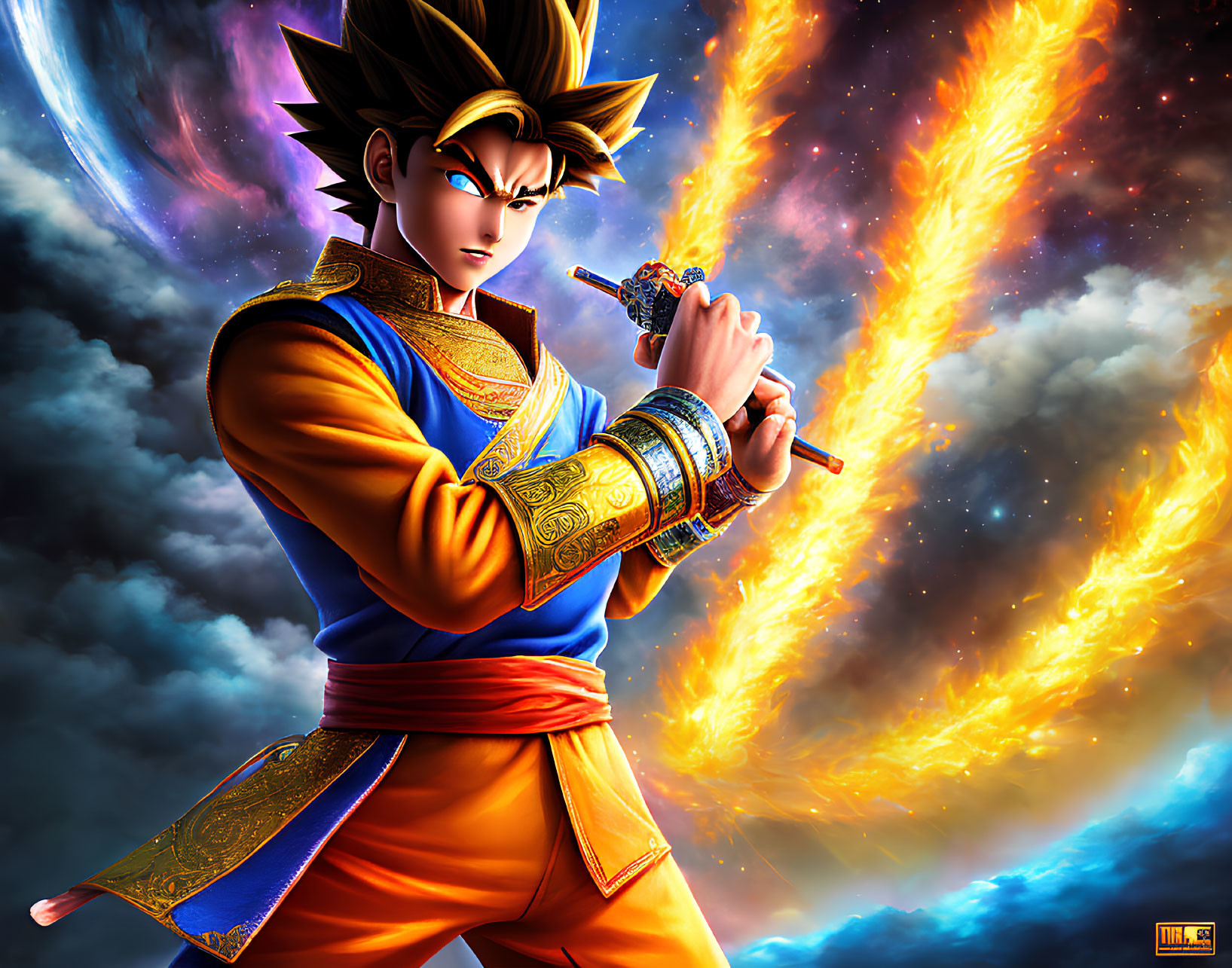 Spiky-haired animated character in blue and gold outfit with staff against cosmic backdrop.