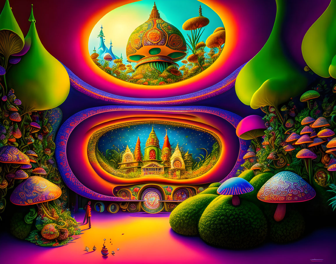 Colorful psychedelic artwork with fantastical structures, vegetation, mushrooms, and starry sky.