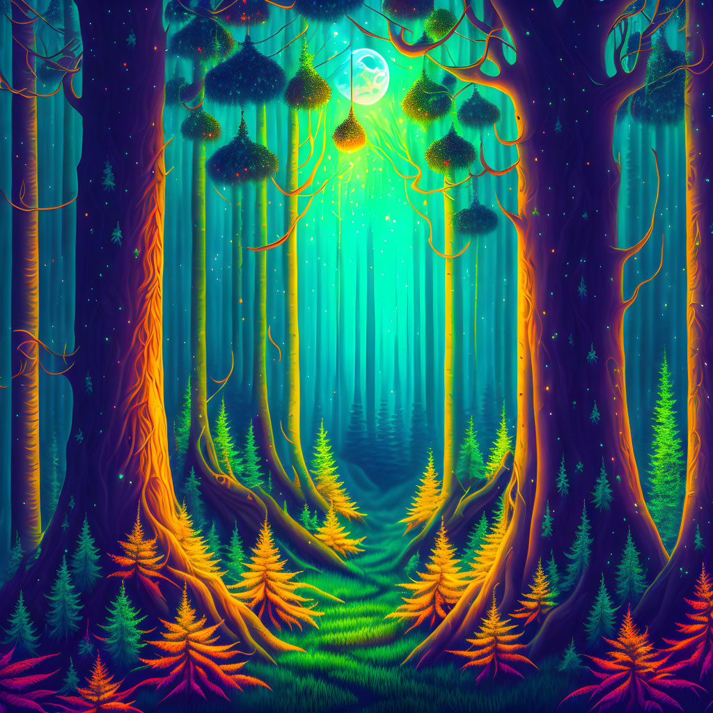 Mystical moonlit forest with glowing foliage and path