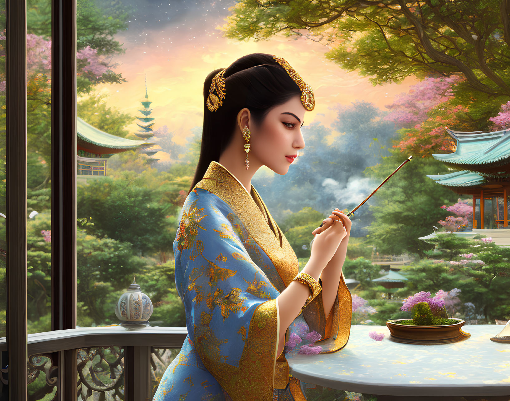 Traditional East Asian attire woman with brush near window in serene garden.