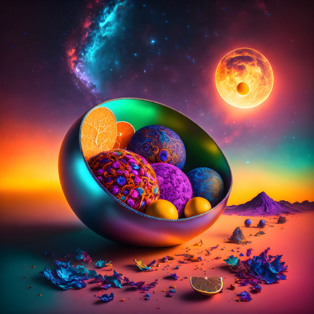 Colorful digital artwork: Bowl with spheres in desert landscape, dual moons, galaxy