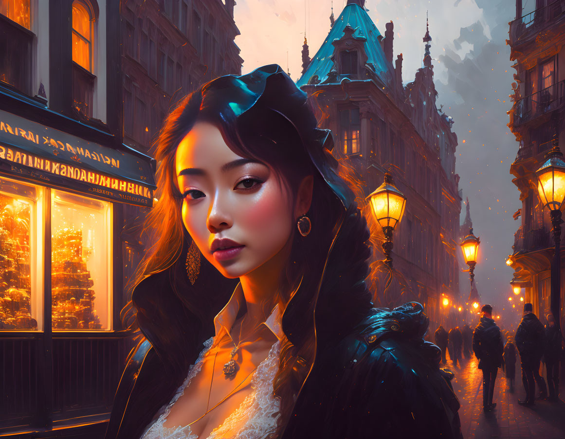 Elegant woman with black bow in hair on vintage city street at dusk