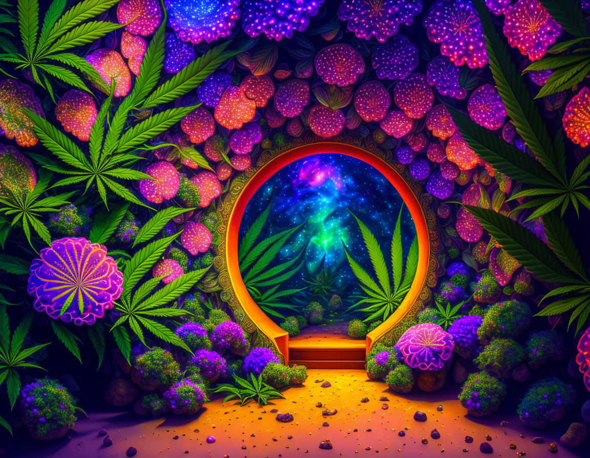 Psychedelic portal to starry galaxy with fluorescent flora and cannabis leaves