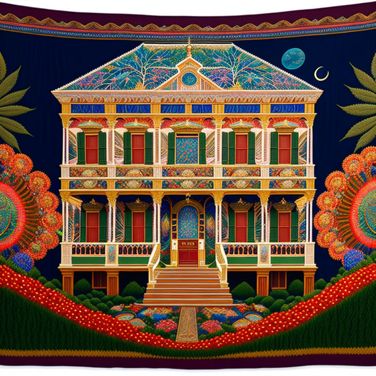 Colorful Victorian-style house embroidery on navy blue background