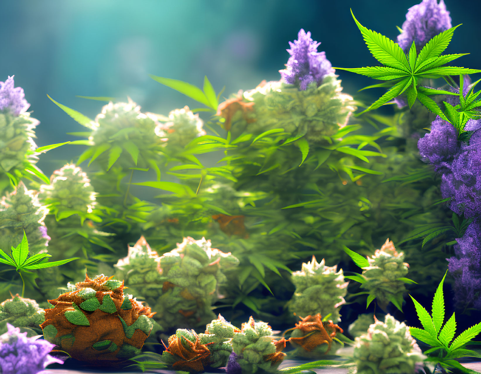 Vivid green cannabis plants with dense green and purple buds under soft sunlight.