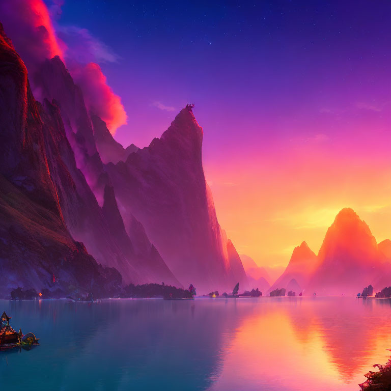 Twilight fantasy landscape with luminous waters and towering cliffs