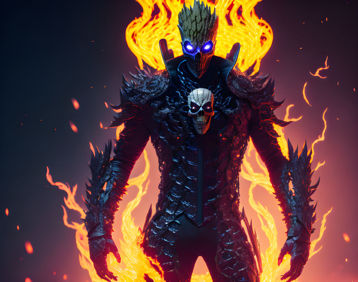 Menacing figure with skull belt buckle, blue eyes, flamed hair, and black armor in fiery