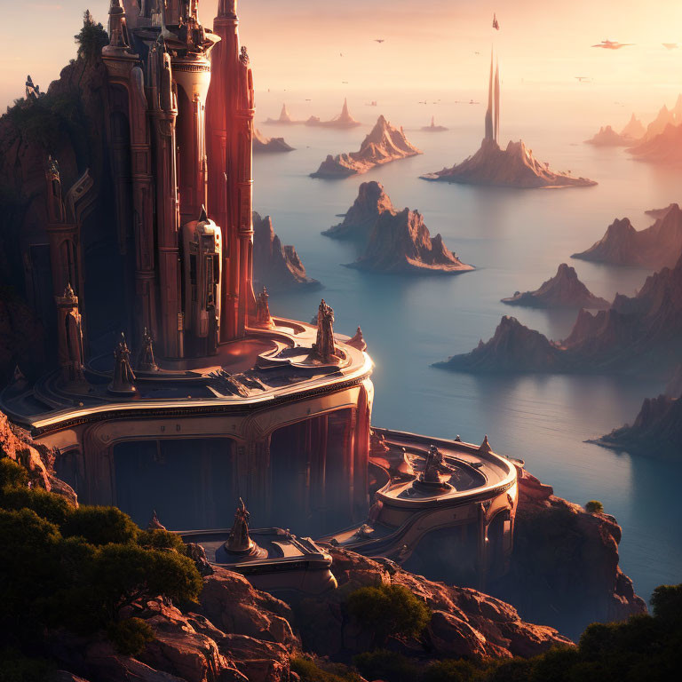Fantasy castle on coastal cliffs at sunset with floating islands