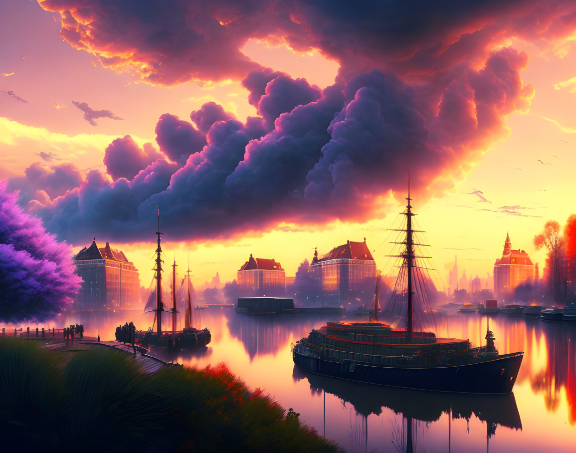 Sunset harbor scene with sailing ship, calm waters, and purple clouds.