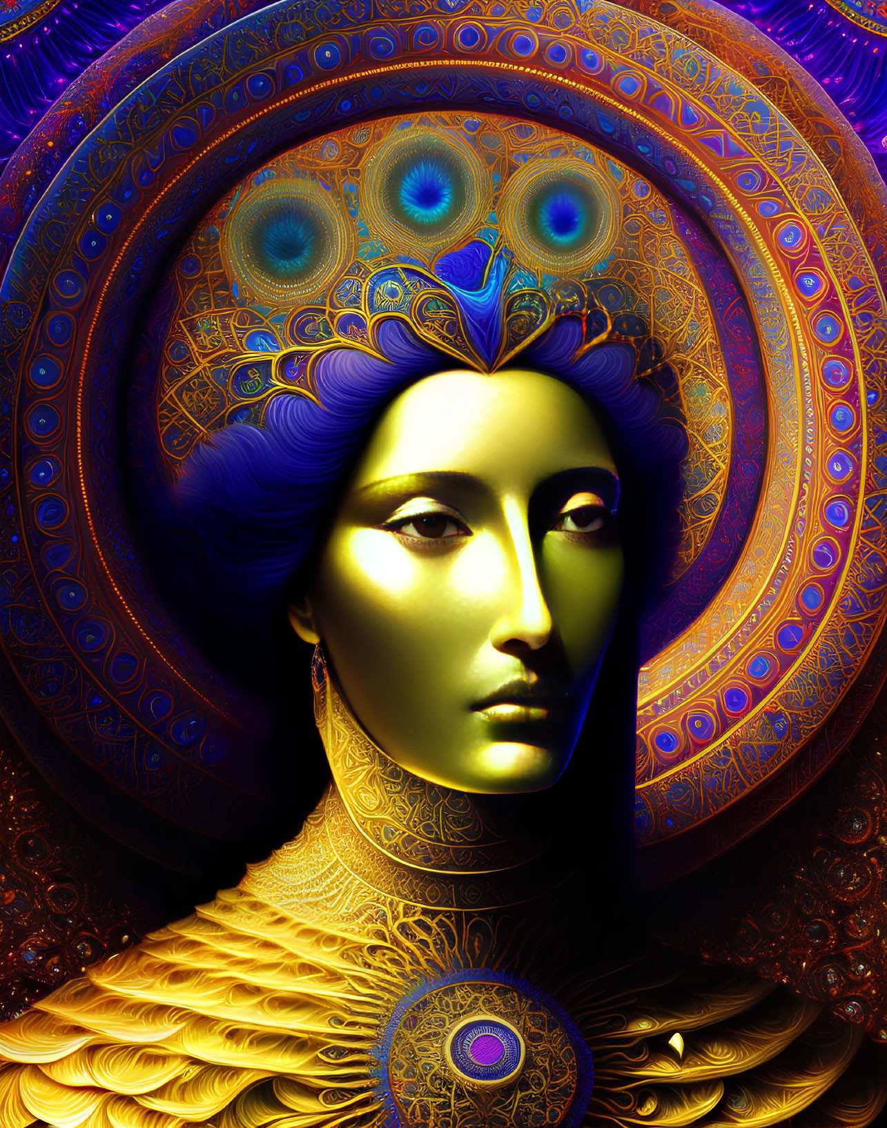 Colorful digital artwork: figure with golden skin, blue hair, peacock feather motifs, ornamental