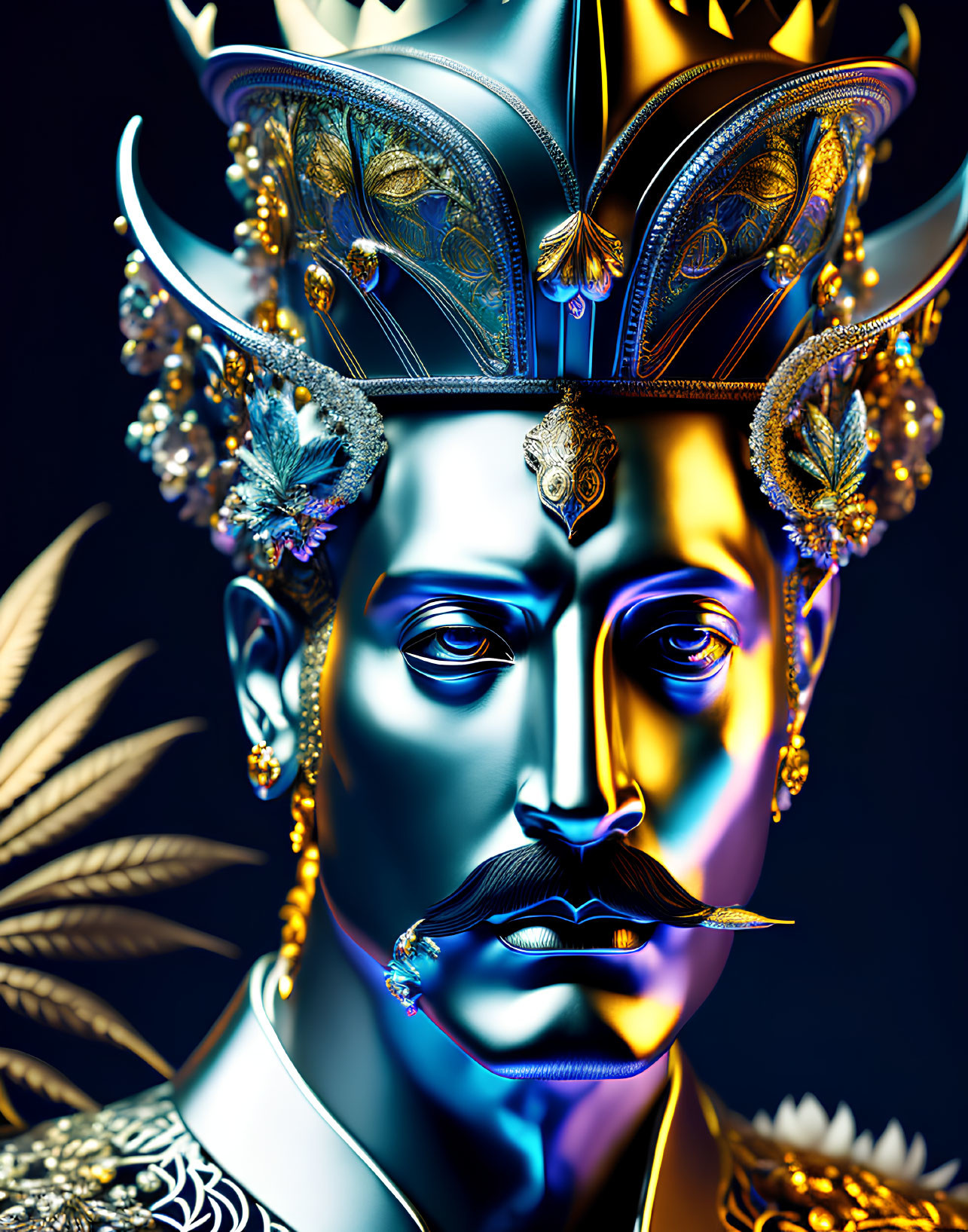 Royal Figure with Elaborate Golden Headwear and Jewelry on Dark Background