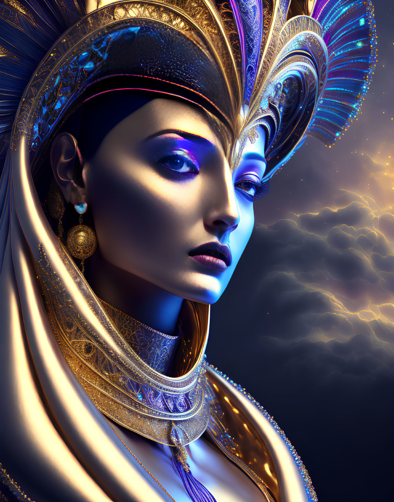 Woman with Luminous Makeup and Ornate Headdress in Regal Cosmic Setting