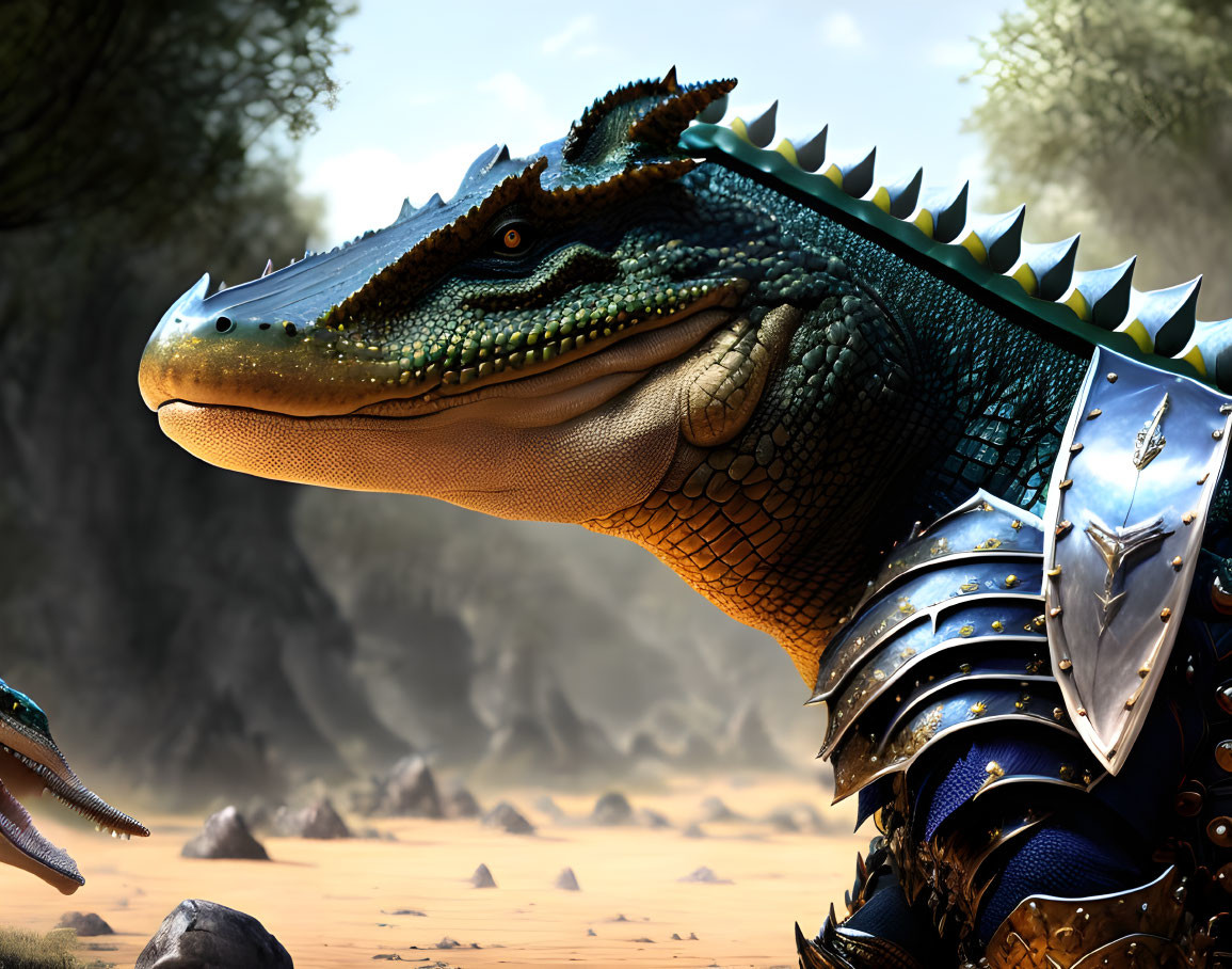 Anthropomorphic armored crocodile creature in desert fantasy setting