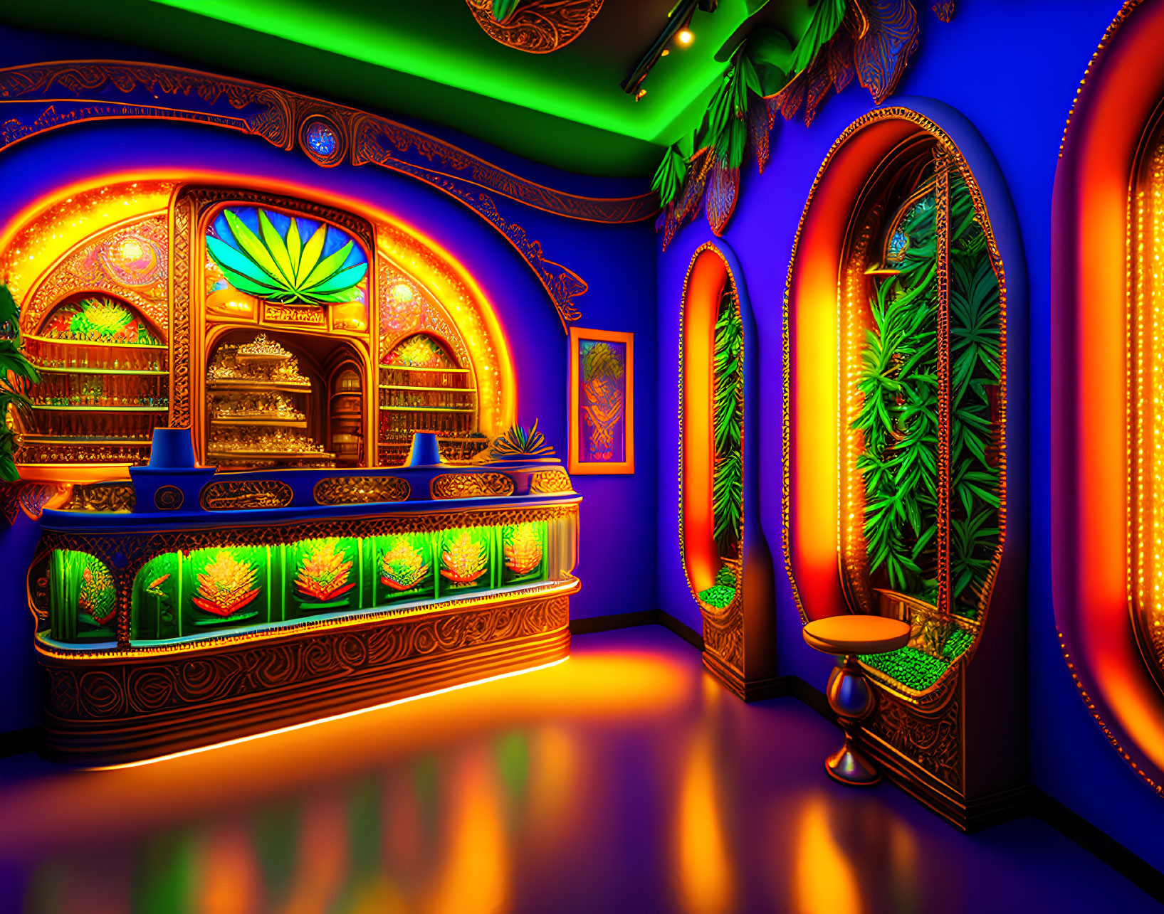 Ornate interior with illuminated archways and colorful lighting