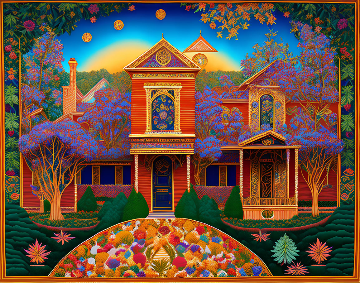 Detailed Victorian-style house illustration with lush gardens and starry night sky.
