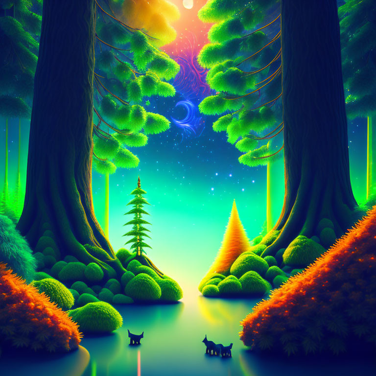 Digital Artwork: Mystical Forest with Cats, Glowing Lights, and Celestial Sky
