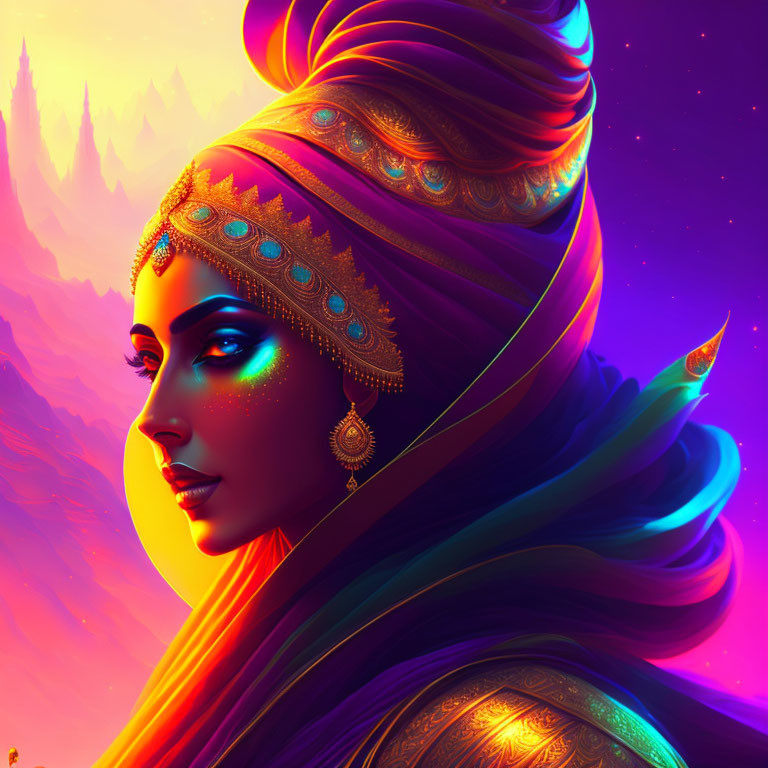Colorful Turban Woman Illustration on Vibrant Castle Background