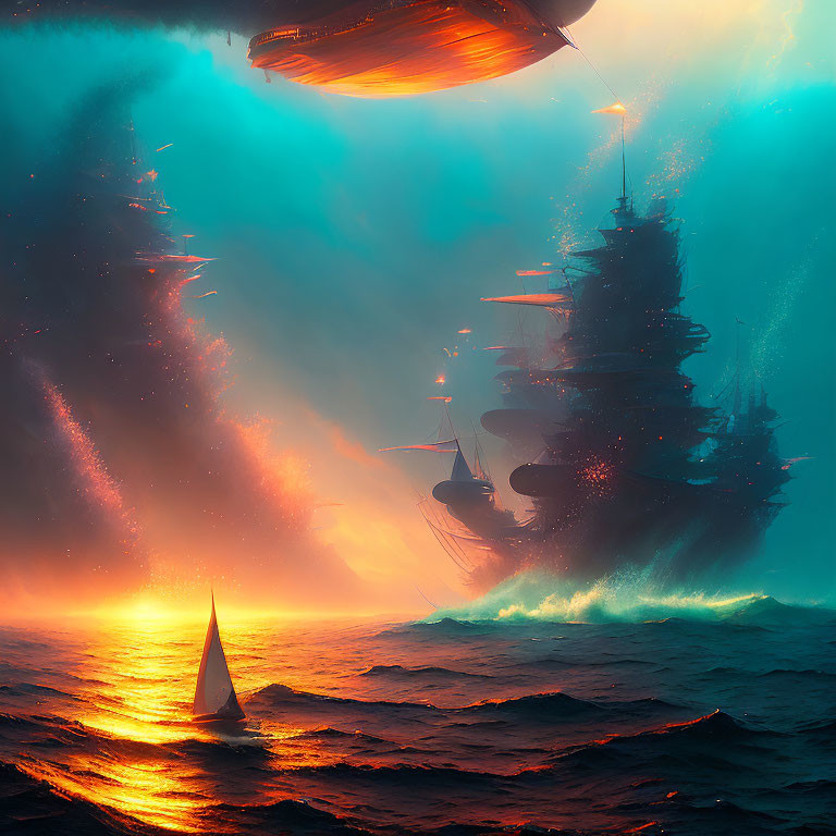 Ethereal floating islands and ships above fiery orange sea