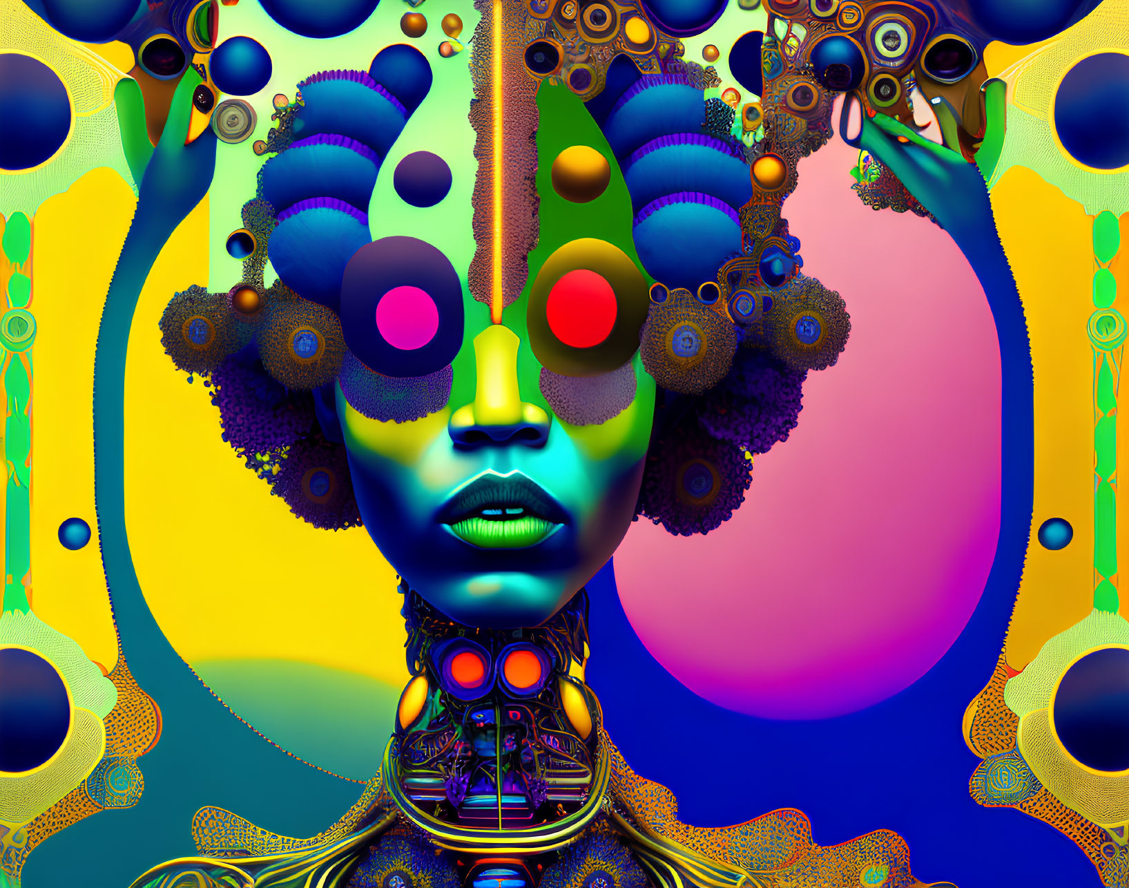 Symmetrical Psychedelic Artwork with Central Humanoid Figure