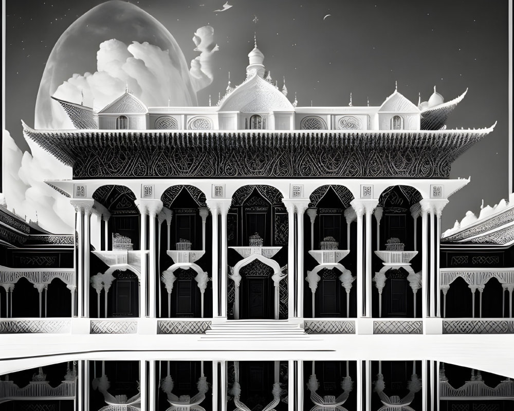 Detailed black and white illustration of ornate palace with arches and moon.