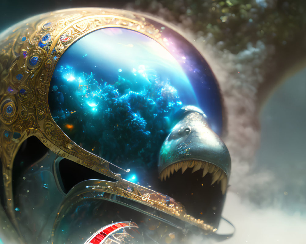 Ornate deep-sea diver helmet in surreal underwater universe