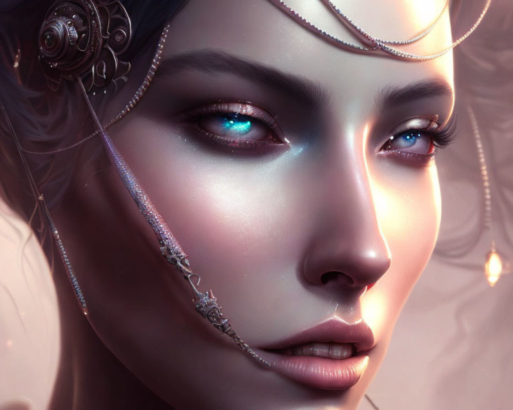 Detailed Close-Up of Fantasy Female Character with Intricate Jewelry and Luminescent Blue Eyes