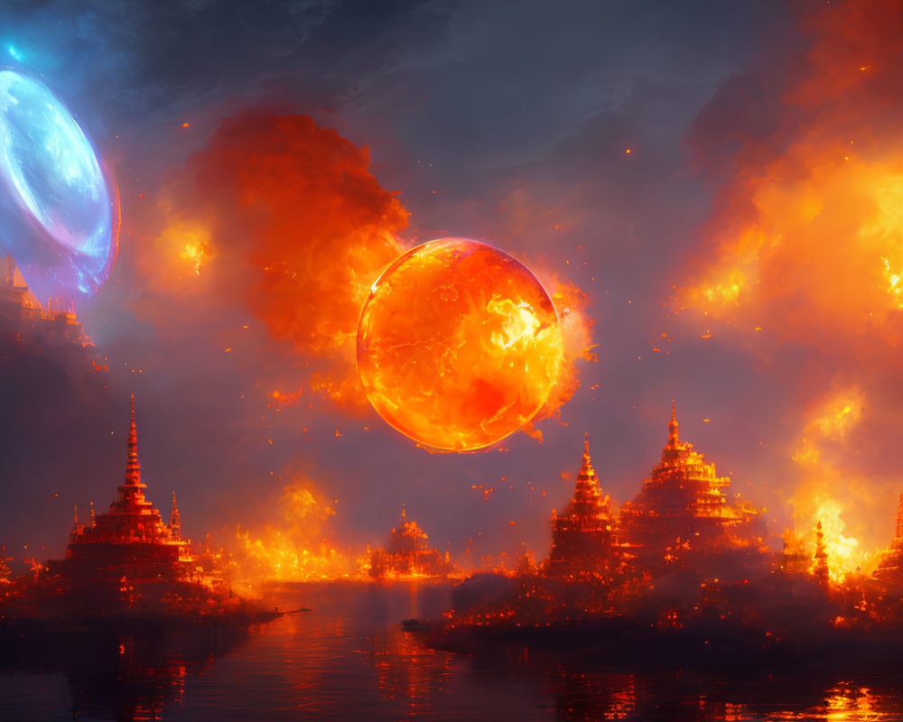 Fiery planet and celestial body over oriental cityscape in dramatic sky