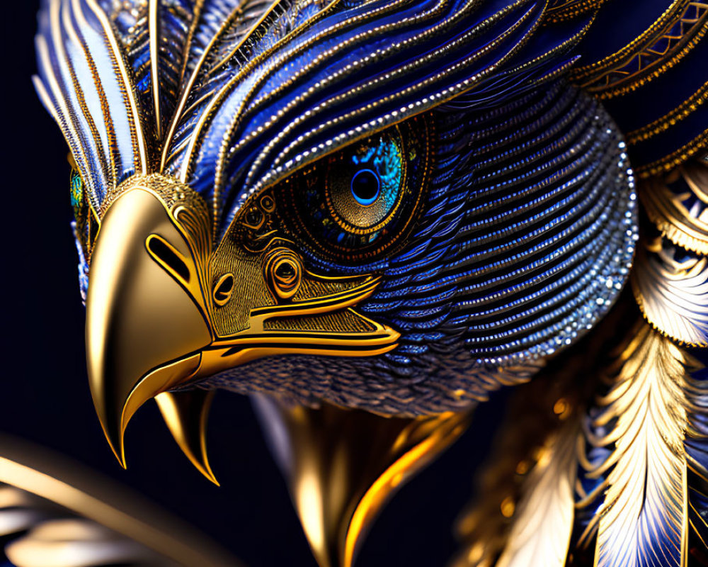 Detailed Metallic Eagle with Blue Eye on Dark Background