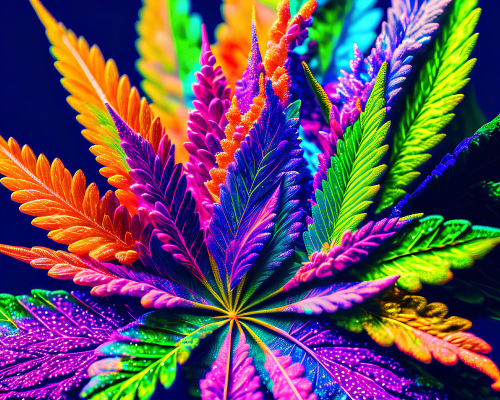 Colorful Cannabis Leaves in Purple, Orange, Green, and Yellow on Dark Background