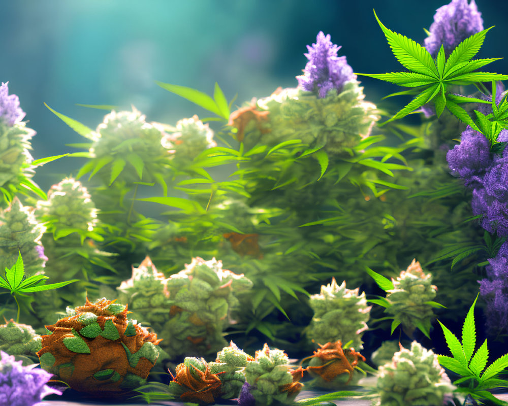 Vivid green cannabis plants with dense green and purple buds under soft sunlight.