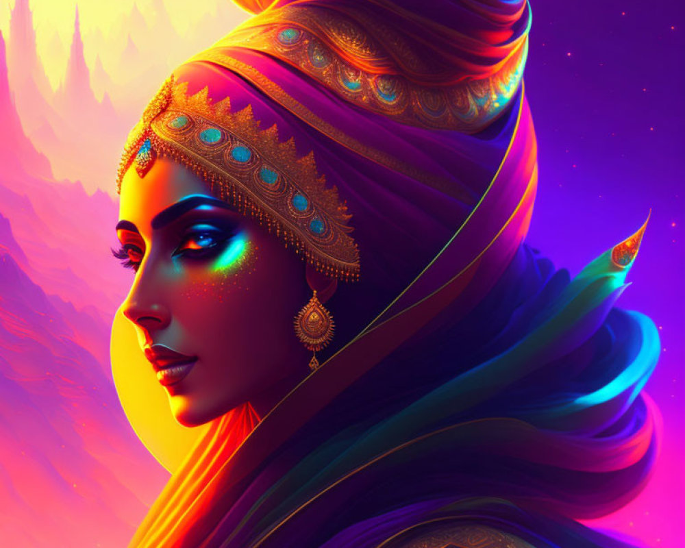 Colorful Turban Woman Illustration on Vibrant Castle Background