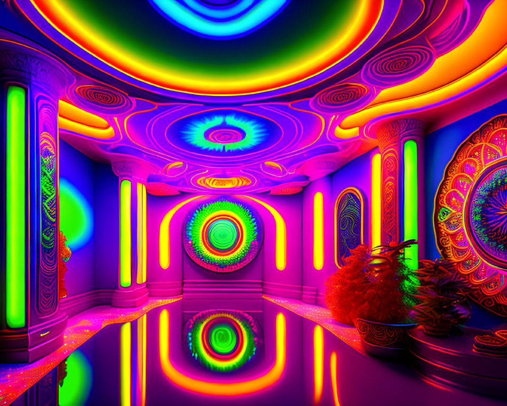 Colorful Psychedelic Interior with Neon Patterns and Reflective Surfaces