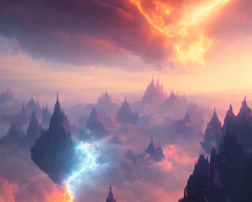 Fantastical landscape with floating rock formations under fiery lightning sky