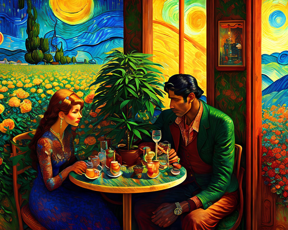 Vibrant Van Gogh-inspired cafe scene with stylized couple and colorful swirls