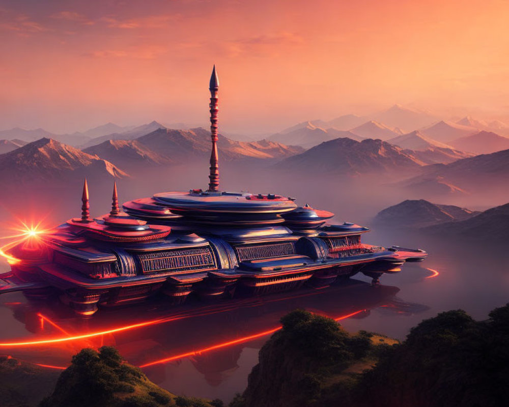 Futuristic building with spires on mountain range at sunset