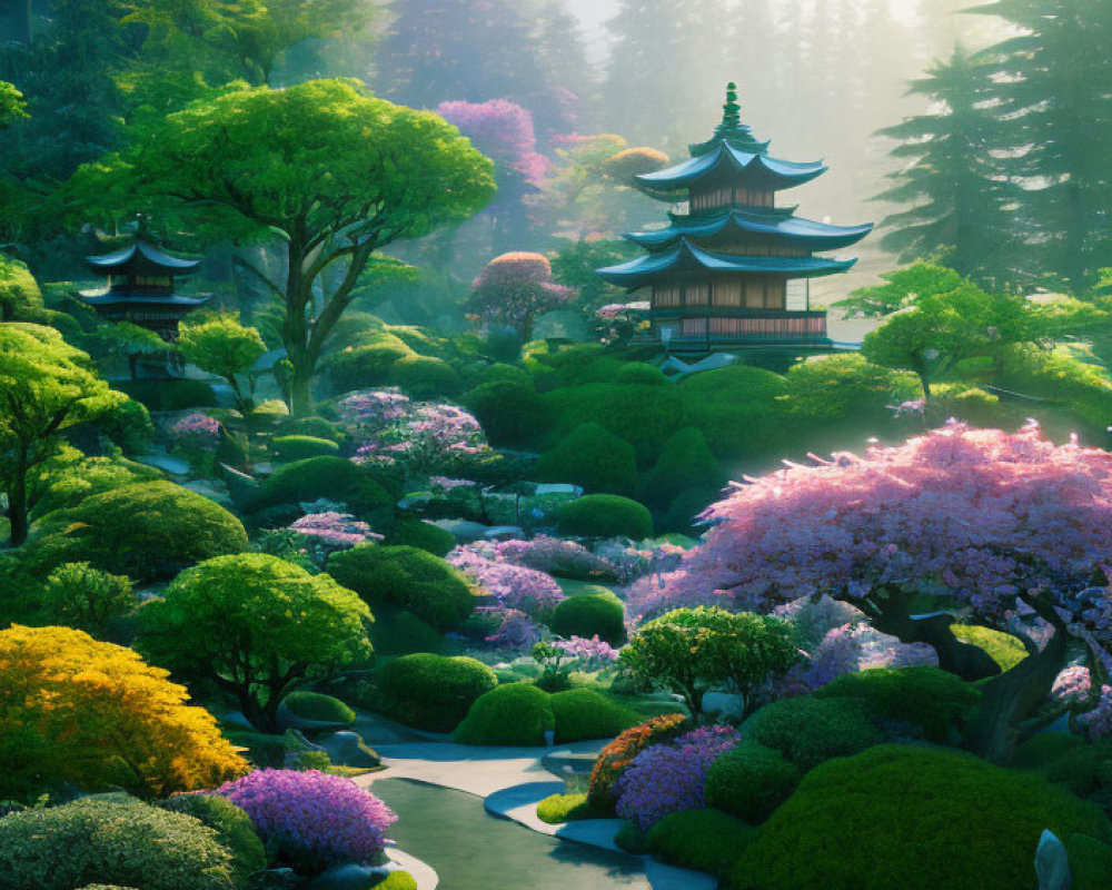 Japanese garden with cherry blossoms, stream, and pagodas