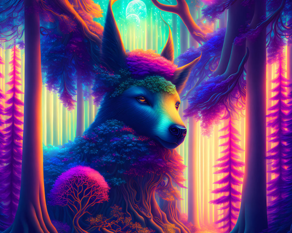 Mystical forest with vibrant trees and glowing lights, ethereal wolf's head blending with enchanted woods