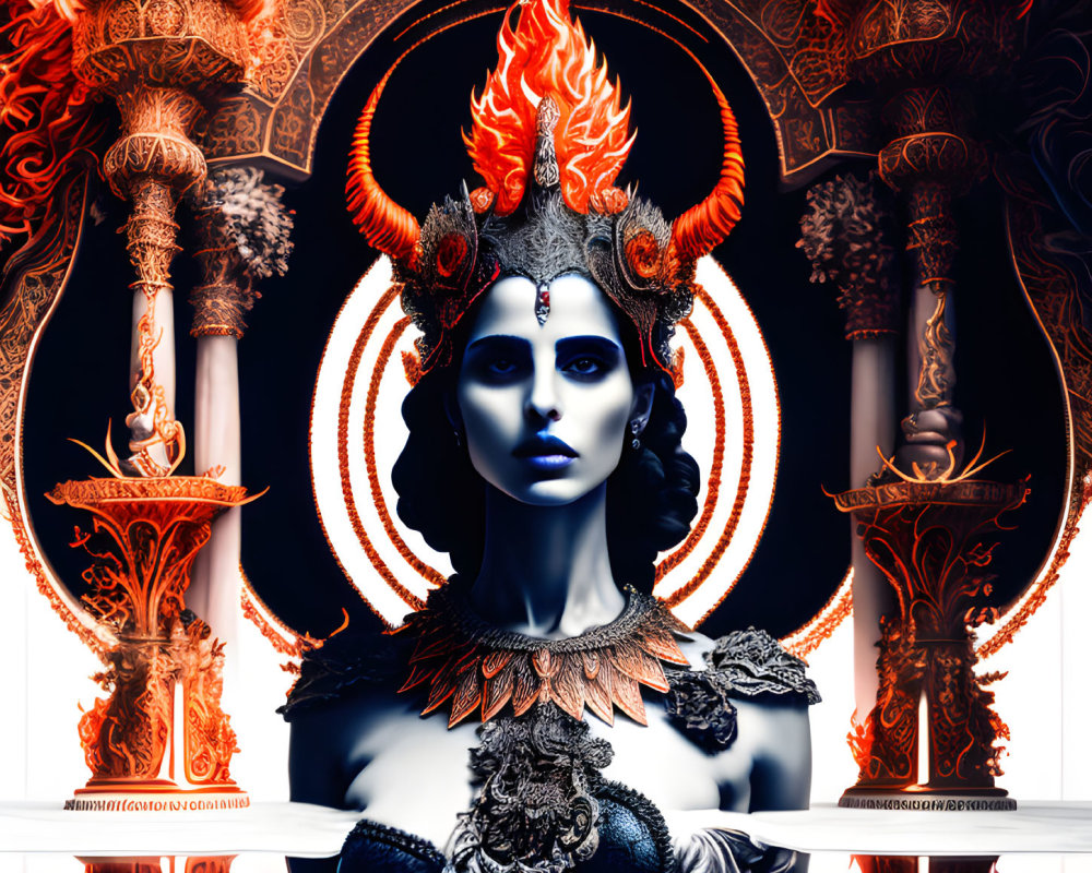 Blue-skinned being with ornate gold headgear in surreal portrait against fiery backdrop