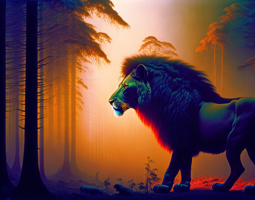 Majestic lion with glowing mane in mystical forest