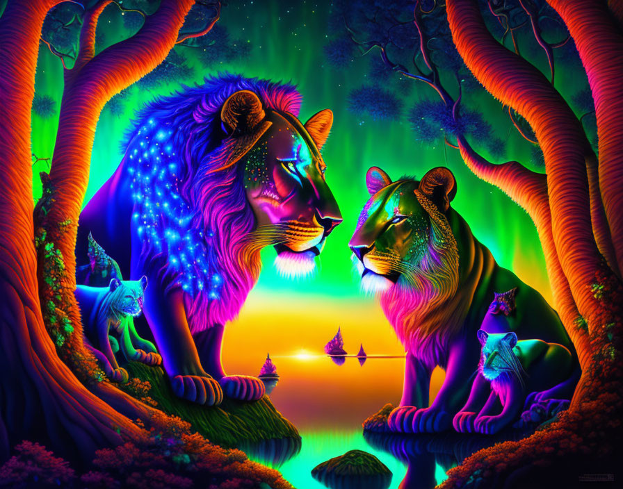Fantasy forest with neon lights, cosmic lion, glowing trees, and mystical cats