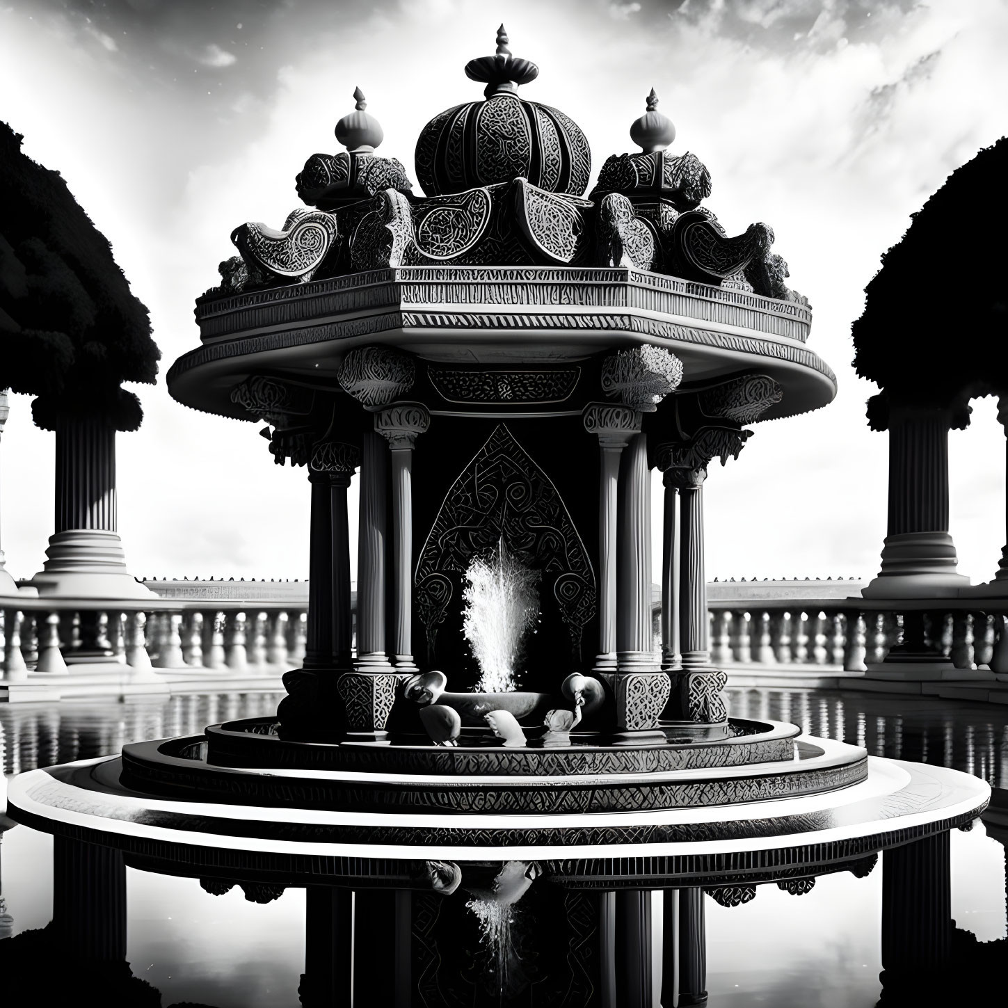 Ornate Black-and-White Pavilion with Domes, Carvings, Fountain, Columns,