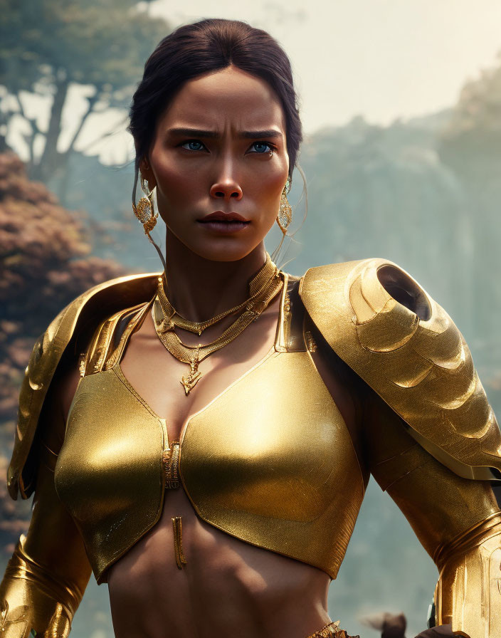 Digital artwork of woman in golden armor against natural backdrop