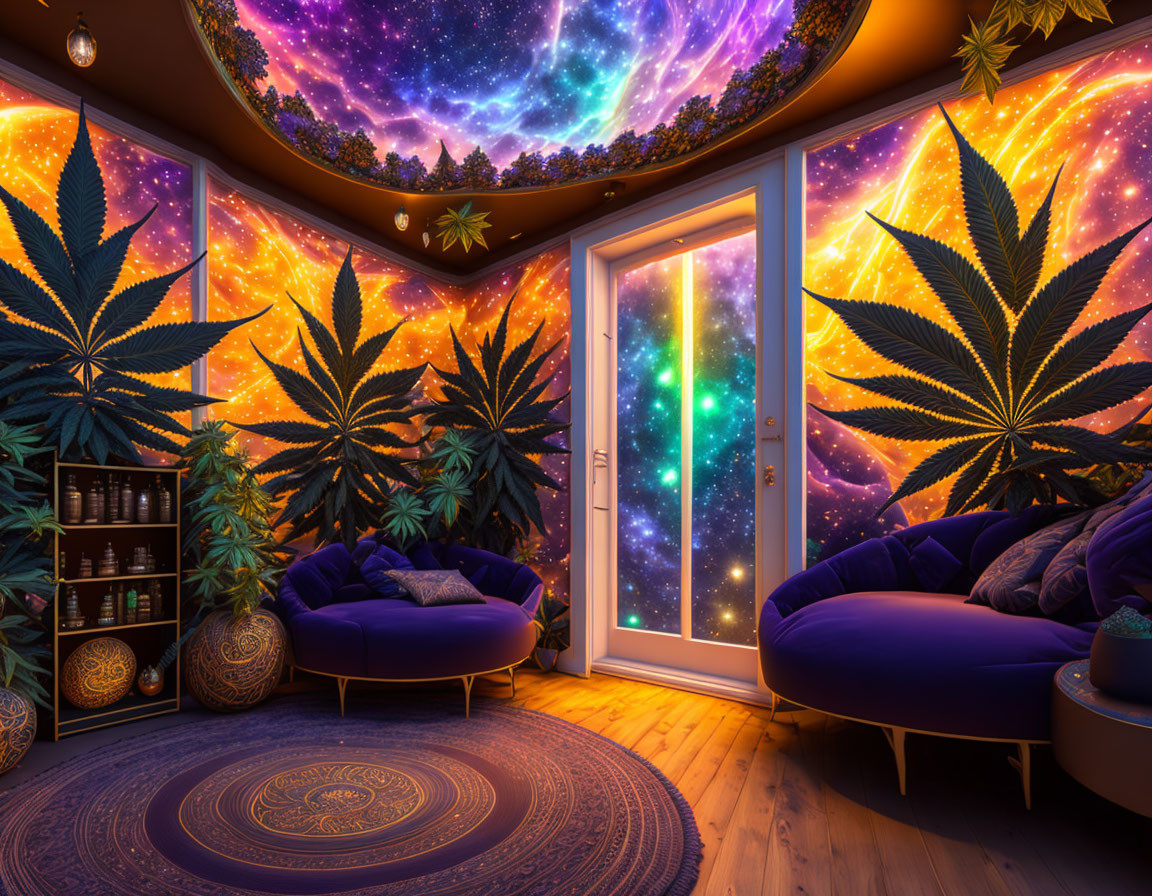 Colorful room with cannabis plant motifs, cosmic ceiling, starry sky view, purple sofas, circular