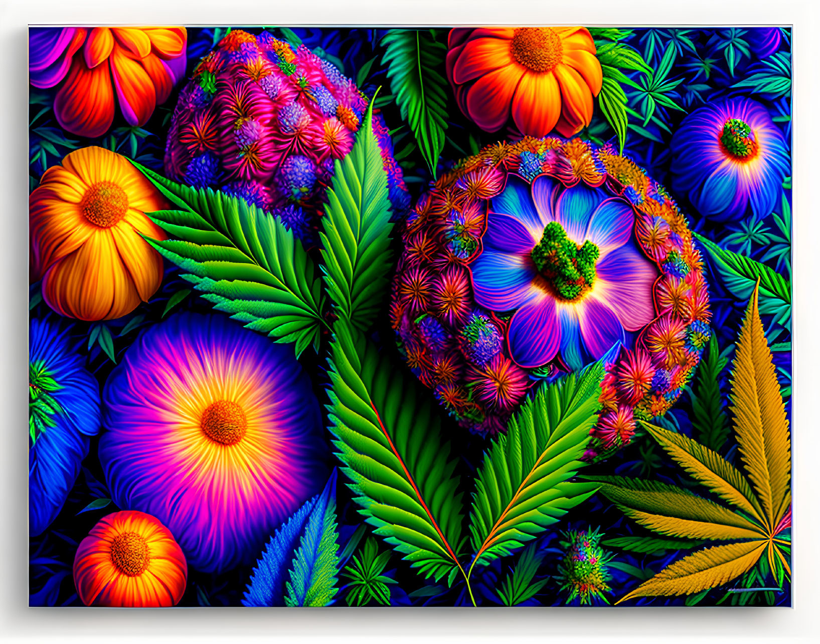 Neon-colored stylized flowers and foliage on dark background