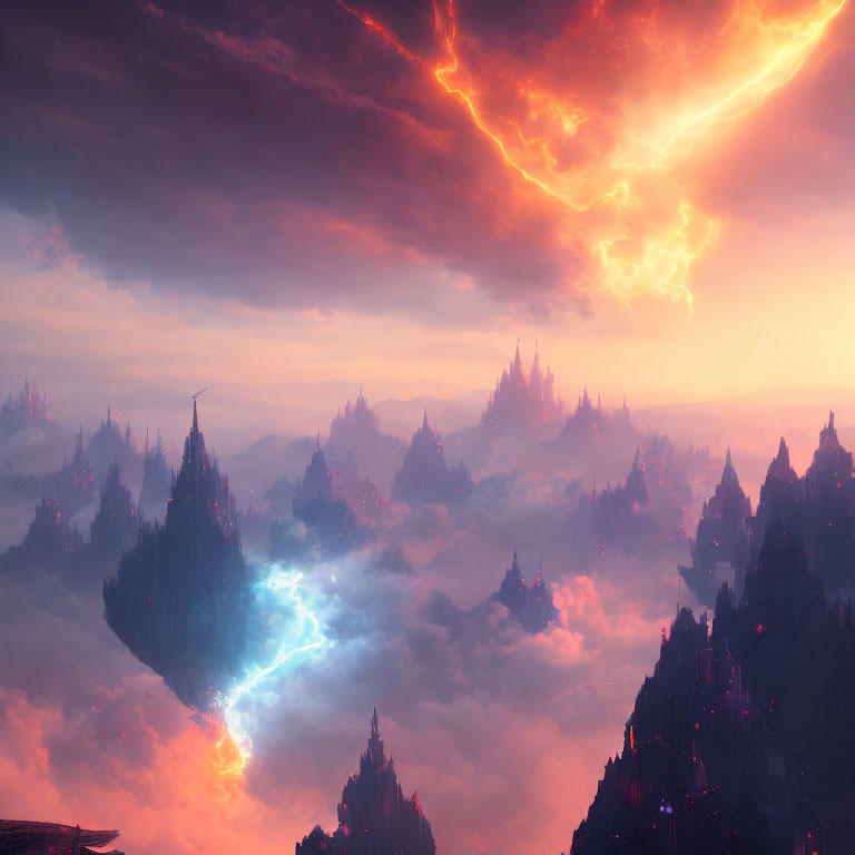 Fantastical landscape with floating rock formations under fiery lightning sky