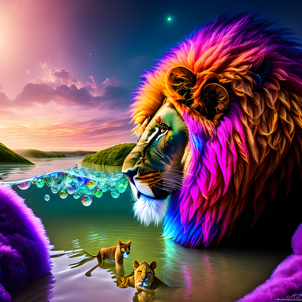 Colorful Lion's Head Art with Lioness and Cubs in Surreal Landscape