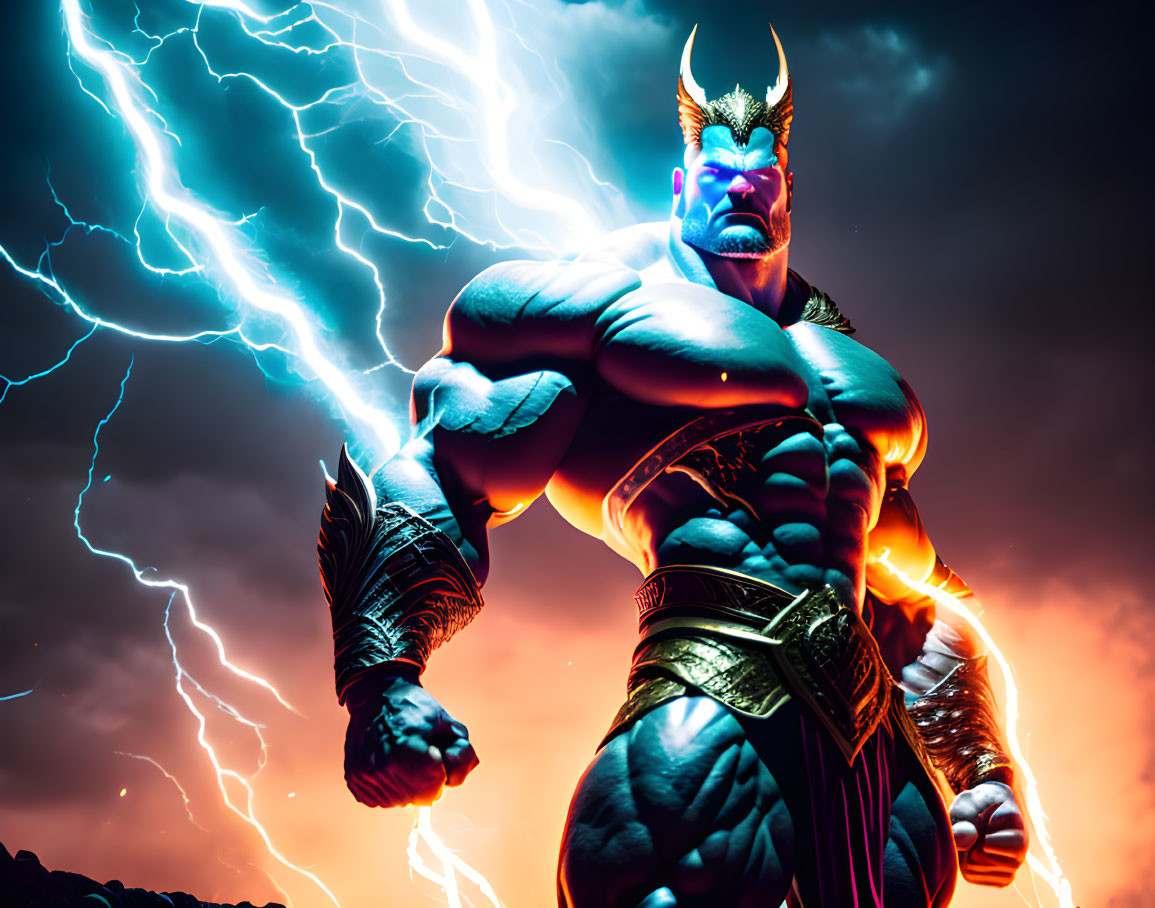 Muscular character with horned helmet in lightning storm