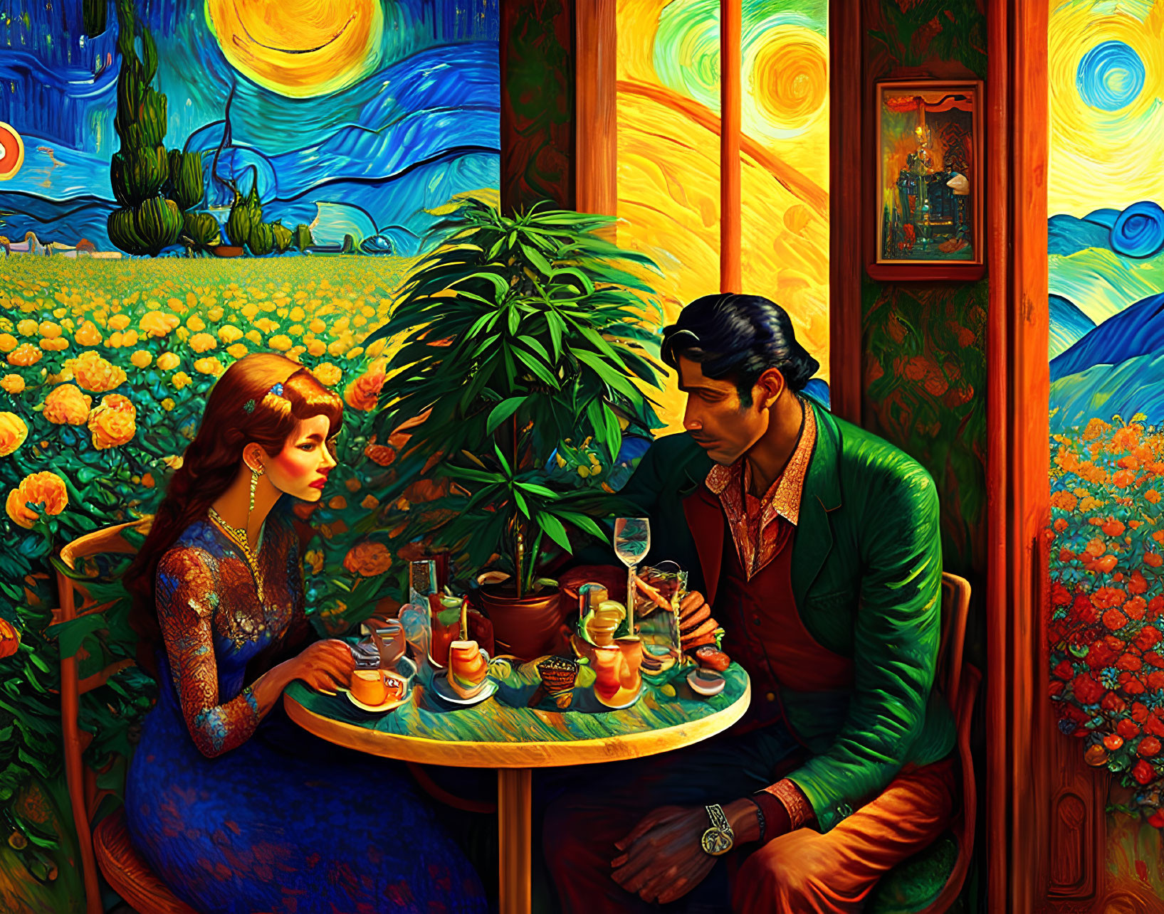 Vibrant Van Gogh-inspired cafe scene with stylized couple and colorful swirls
